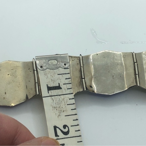 70S Taxco Sterling Silver & Blue Glass Mayan Warrior God Panel Bracelet 7” - Picture 8 of 9